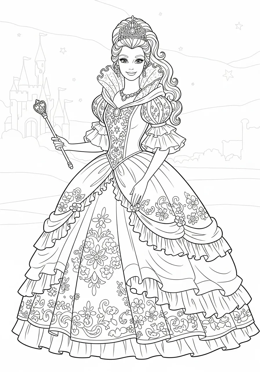 Imagem para colorir da Barbie vestida como princesa com um castelo ao fundo