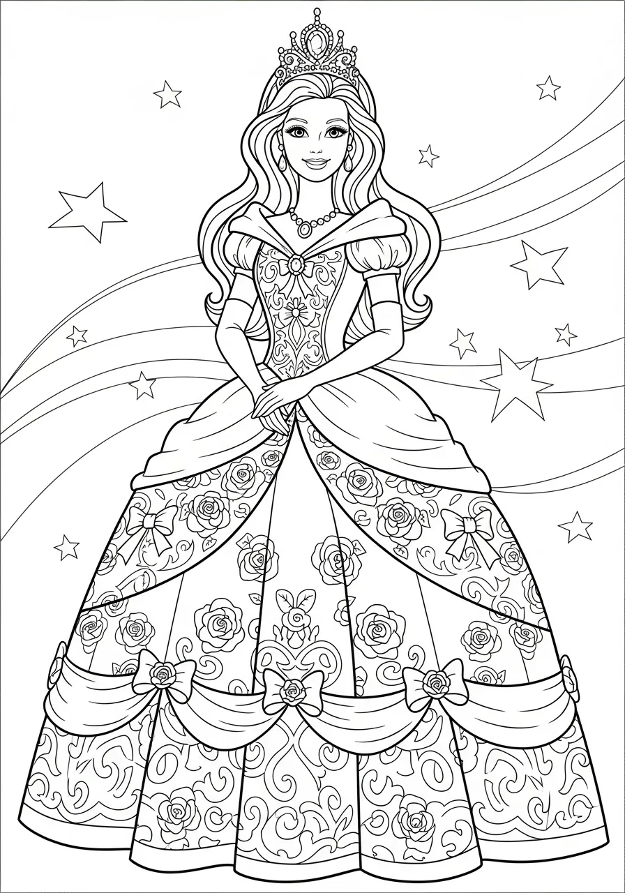 Desenho de Barbie vestida como princesa com vestido florido e coroa para colorir