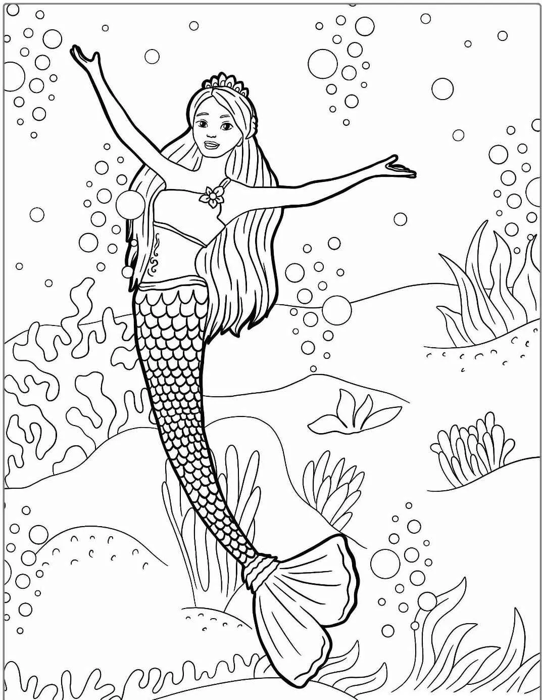 Desenho para colorir de Barbie como sereia no fundo do mar