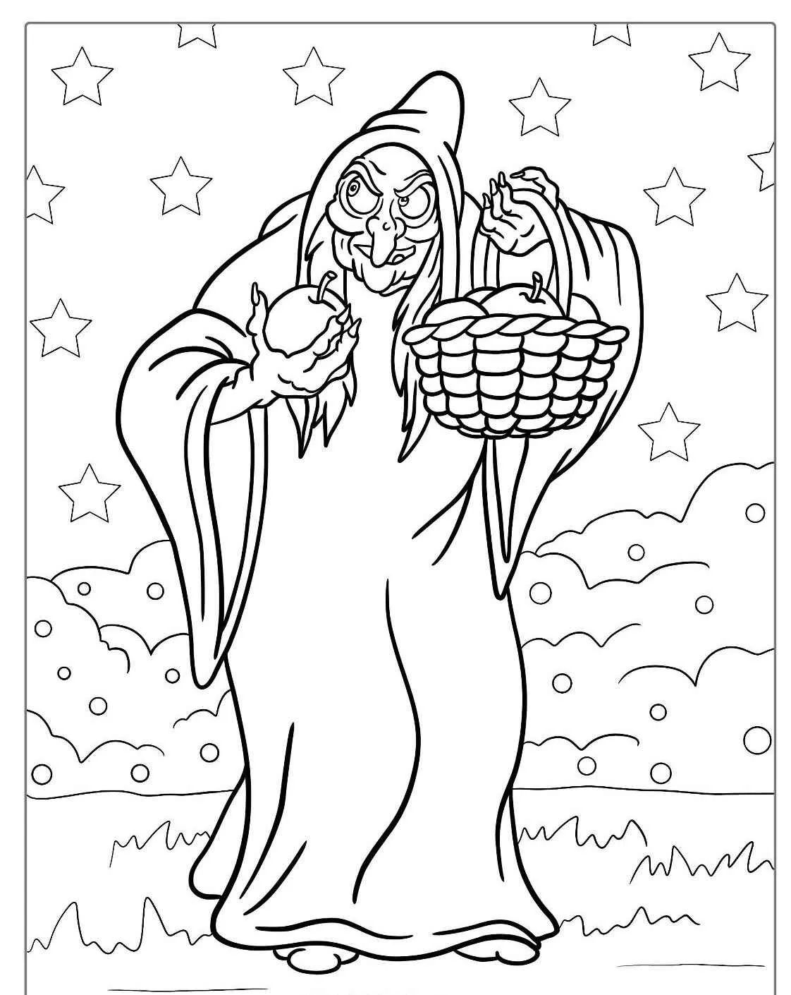 Desenho para colorir da bruxa de Branca de Neve segurando uma maçã e uma cesta