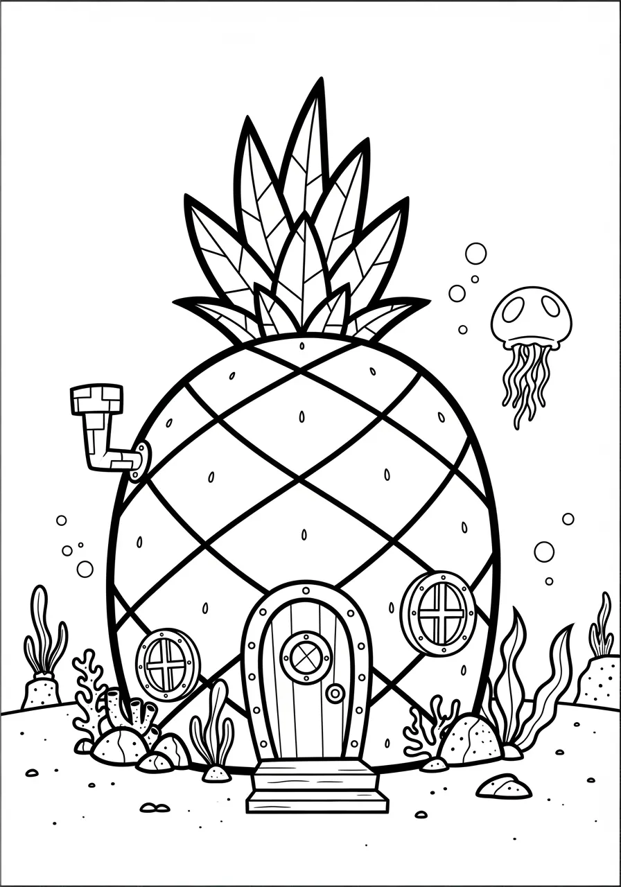 Desenho em preto e branco da casa abacaxi do Bob Esponja para colorir