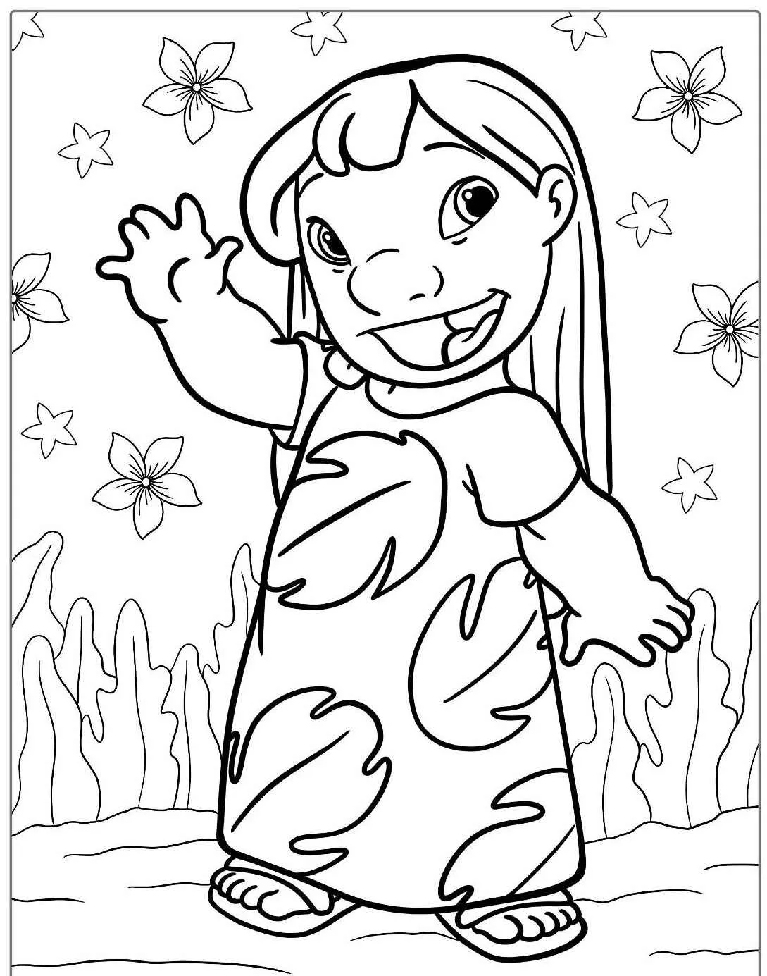Imagem para colorir da Lilo sorrindo com flores ao fundo