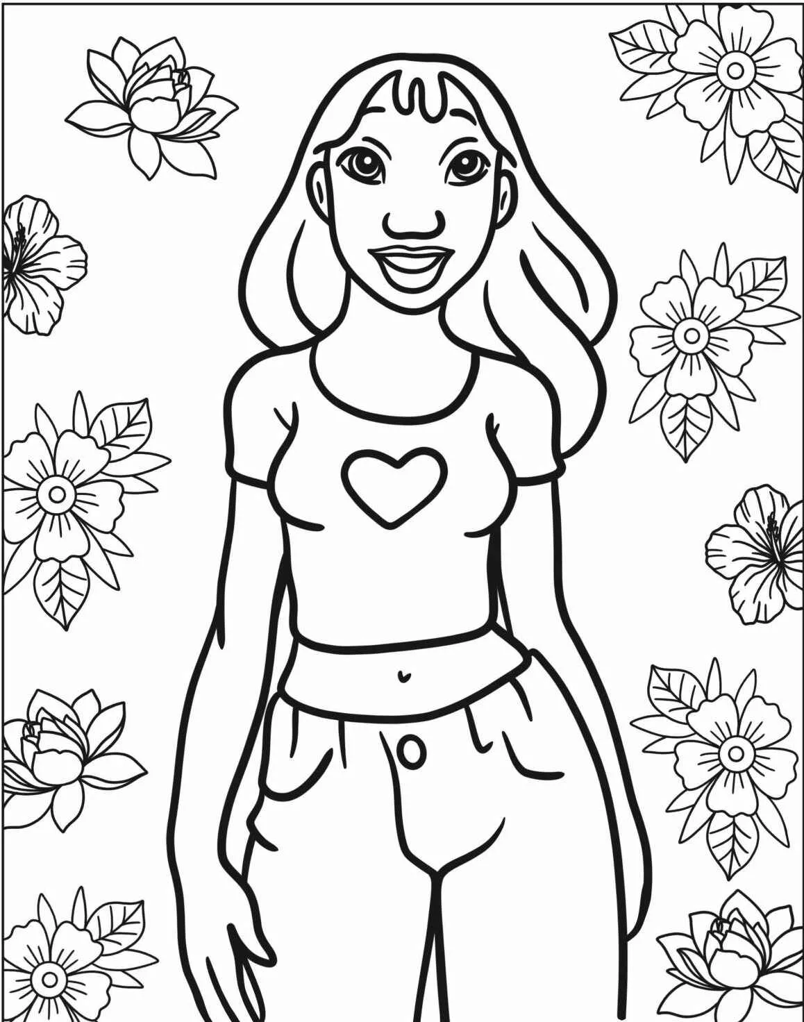 Imagem para colorir da Lilo cercada por flores