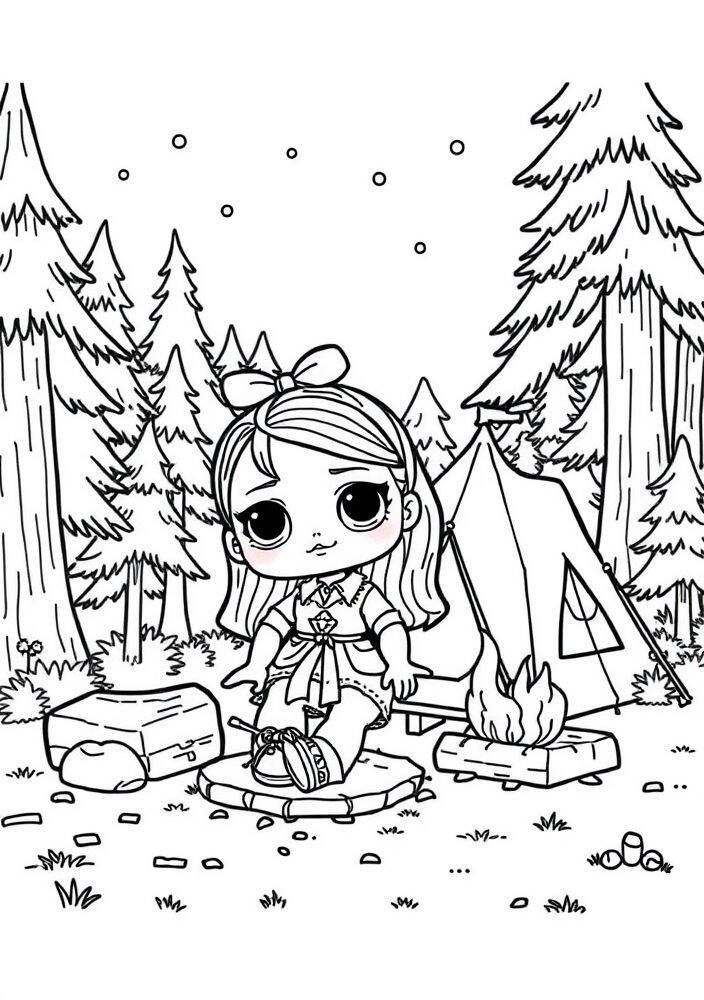 Desenho de uma boneca LOL Surprise sentada em uma pedra perto de uma fogueira, com árvores ao fundo e uma barraca.