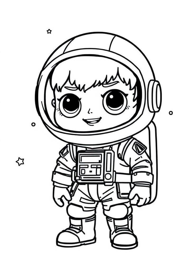 Desenho de um personagem LOL Surprise vestido de astronauta, pronto para ser colorido.