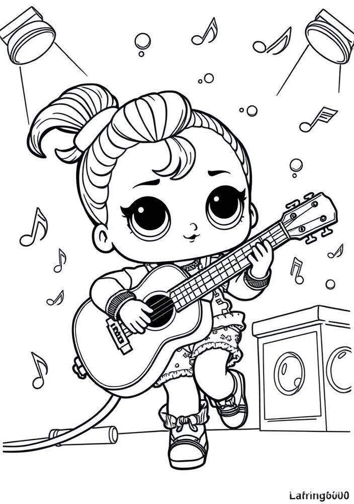 Boneca LOL Surprise tocando violão em um palco com notas musicais ao redor