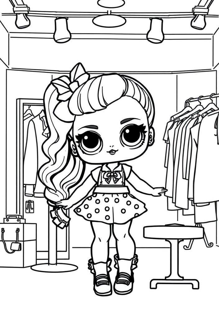 Desenho para colorir de uma boneca LOL Surprise com saia de bolinhas e cabelo longo