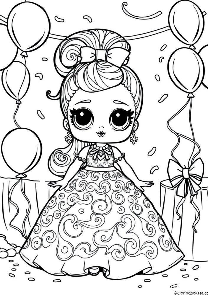 Boneca LOL Surprise com vestido elegante, laço e decoração de festa para colorir