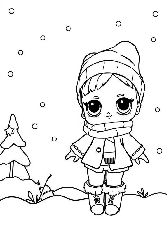 Boneca LOL Surprise vestida para o inverno com gorro e cachecol em um cenário de neve