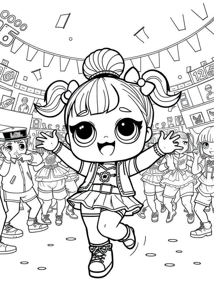 Desenho para colorir de uma boneca LOL Surprise com um sorriso alegre, rodeada por outras bonecas em um ambiente festivo.