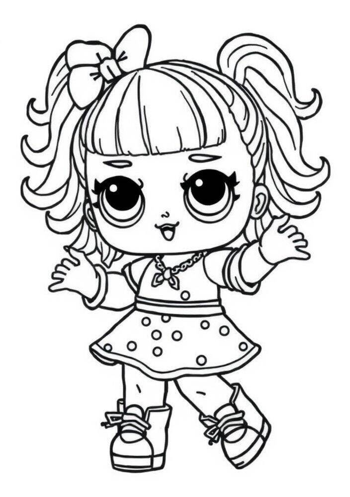 Desenho para colorir de uma boneca LOL Surprise com cabelo listrado e vestido de bolinhas