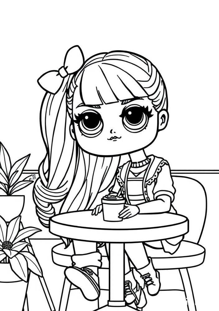 Desenho para colorir de uma boneca LOL Surprise sentada em uma mesa com uma bebida