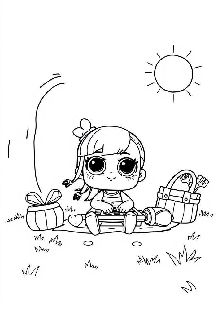 Desenho de uma boneca LOL Surprise sentada em um piquenique com presentes e brinquedos ao ar livre