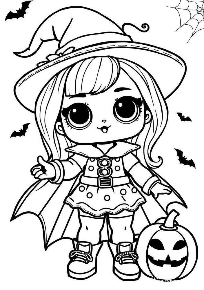 Desenho de uma boneca LOL Surprise vestida de bruxa com chapéu e capa, segurando uma abóbora.