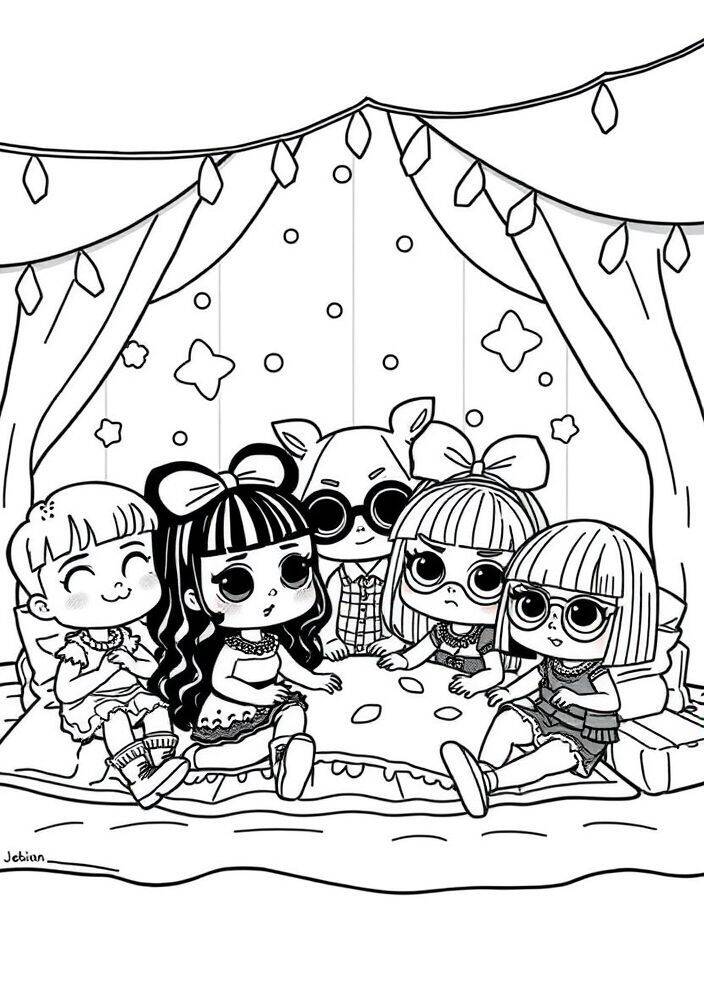 Desenho para colorir de bonecas LOL Surprise com laços e óculos em uma festa de pijama