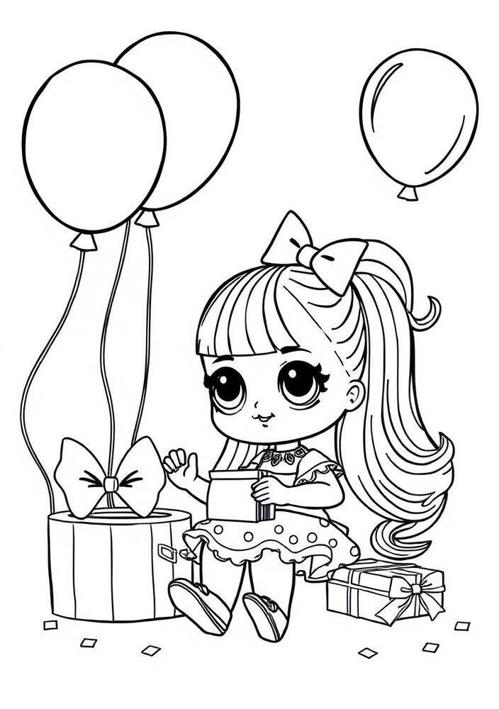 Boneca LOL Surprise sentada com balões e presente para colorir