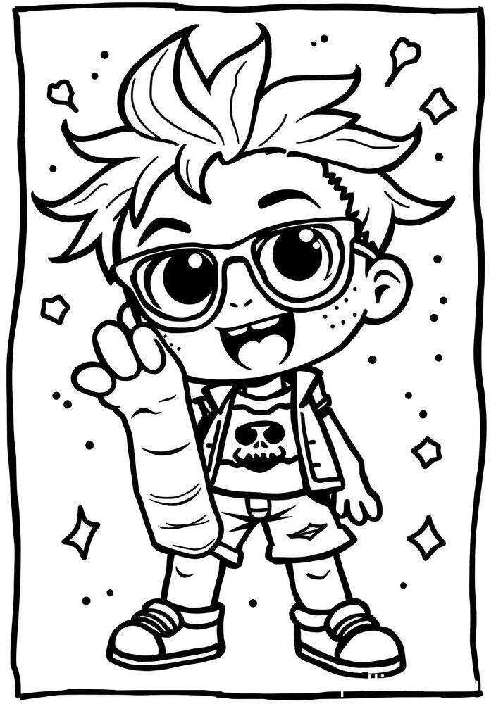 Desenho de um personagem LOL Surprise com cabelo bagunçado e óculos, segurando uma mão em forma de punho.