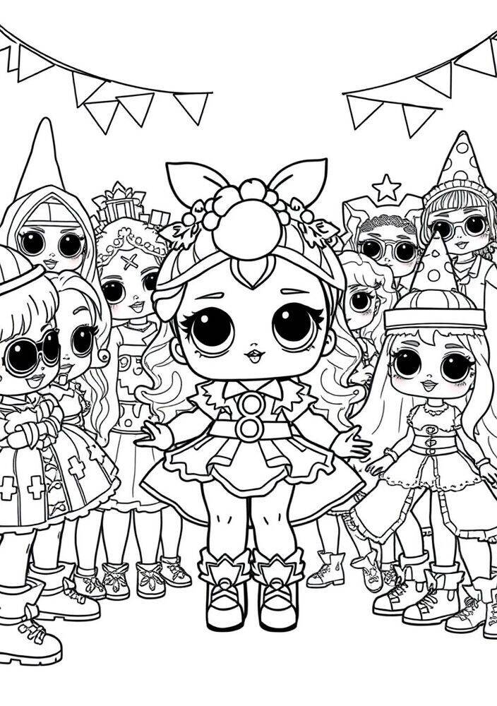 Desenho para colorir da LOL Surprise com várias bonecas em uma festa
