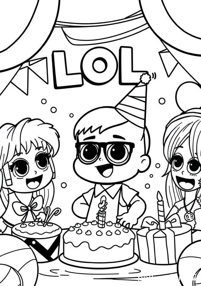 Desenho para colorir da LOL Surprise com crianças em uma festa de aniversário, usando chapéus de festa e rodeadas de bolos e presentes.