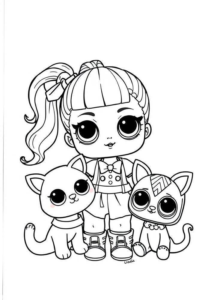 Desenho de uma boneca LOL Surprise com dois gatos adoráveis, pronta para ser colorida.