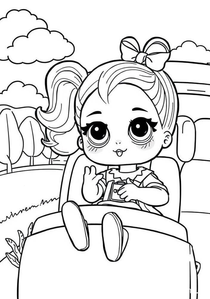 Boneca LOL Surprise com laço na cabeça e sorriso, pronta para ser colorida
