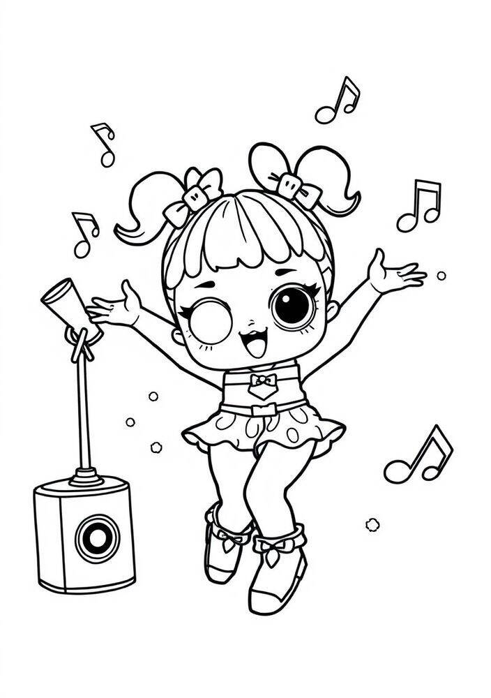 Boneca LOL Surprise dançando com microfone e notas musicais ao redor