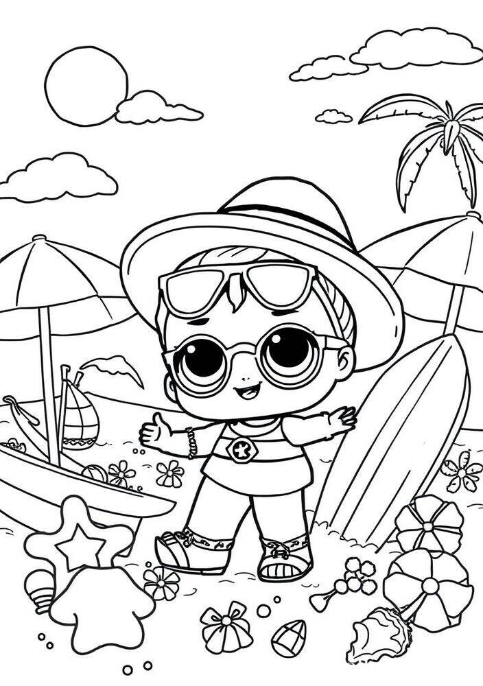 Desenho da LOL Surprise com Óculos de Sol e Chapéu em um cenário de praia