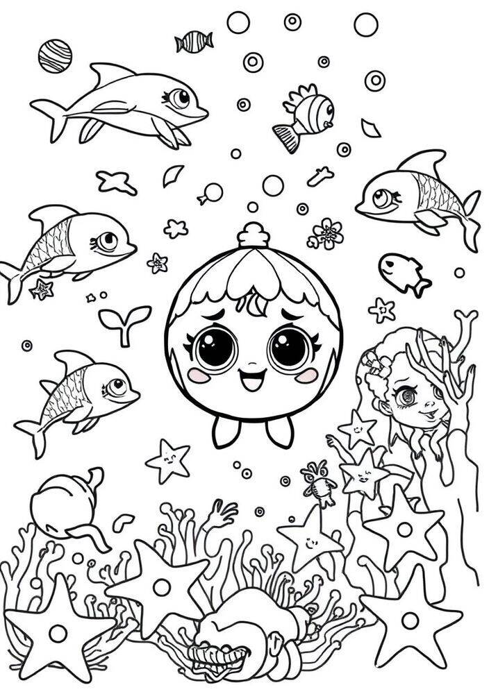 Desenho da LOL Surprise com uma boneca sorridente rodeada por peixes e estrelas do mar, ideal para colorir.