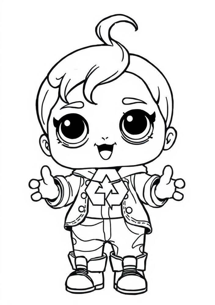 Desenho em preto e branco de um menino LOL Surprise com cabelo estiloso e roupas modernas, pronto para ser colorido.