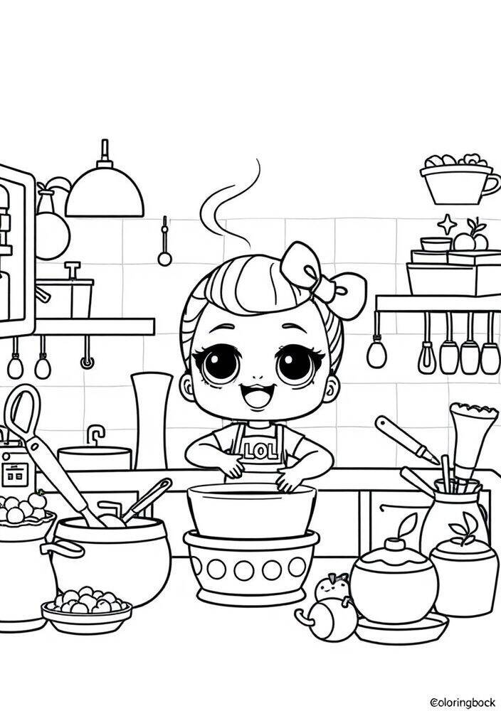 Boneca LOL Surprise cozinhando em uma cozinha cheia de utensílios e ingredientes