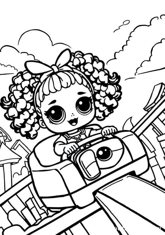 Desenho para colorir de uma boneca LOL Surprise se divertindo em uma montanha-russa