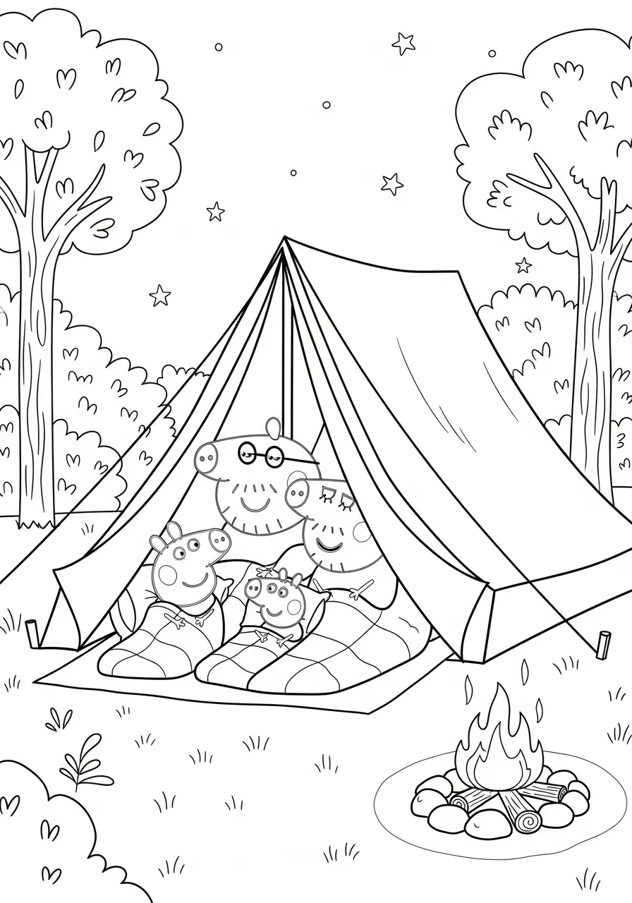 Desenho para colorir da Peppa Pig acampando com a família em uma barraca