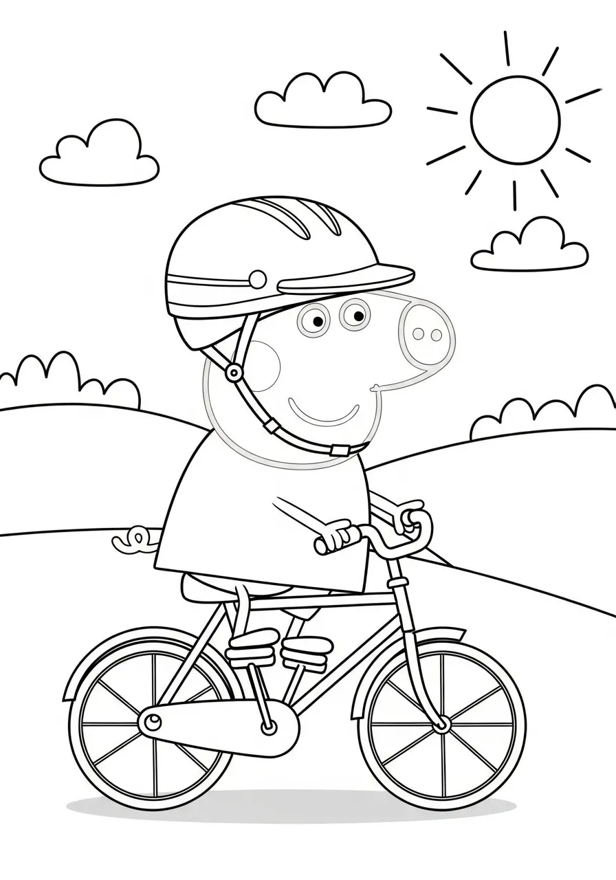 Peppa Pig andando de bicicleta em um dia ensolarado