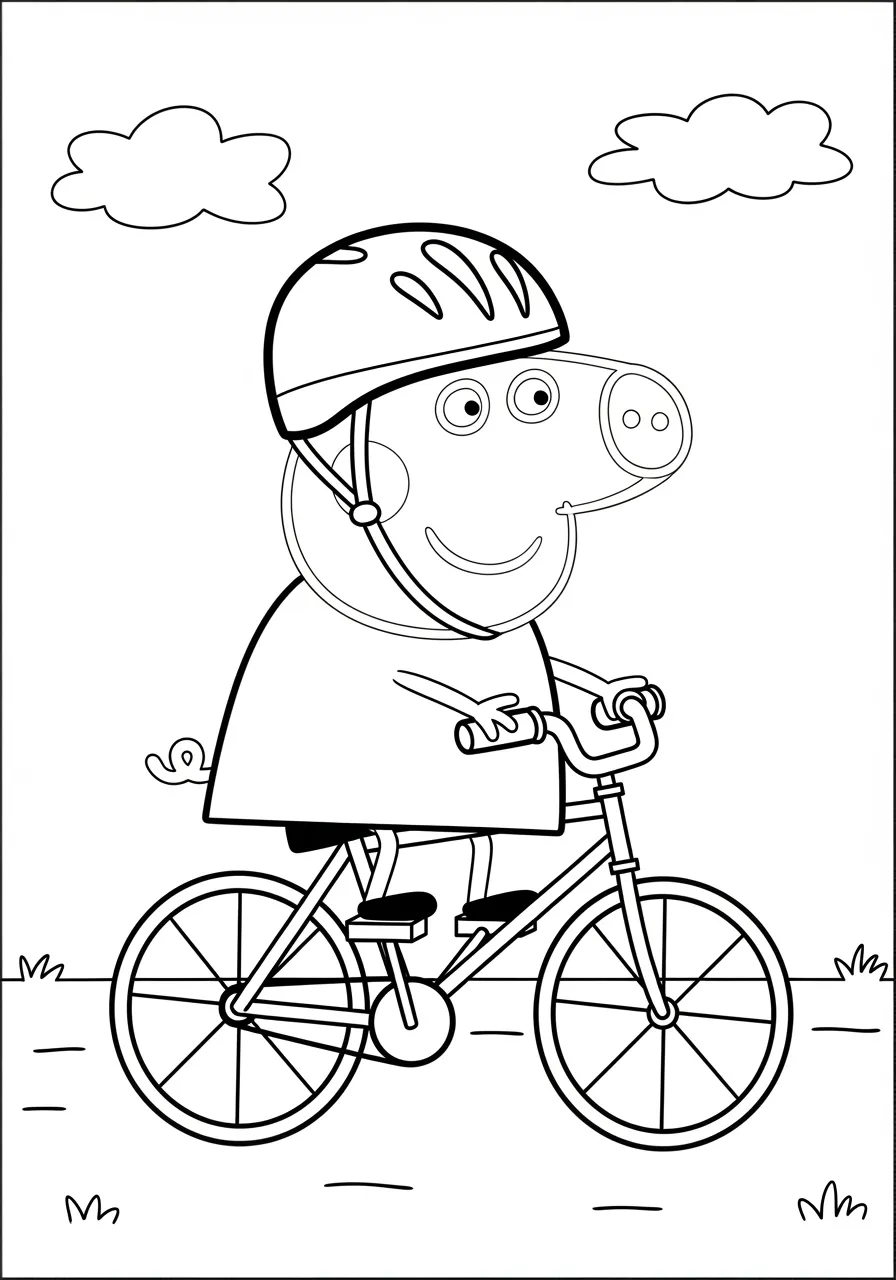 Desenho em preto e branco da Peppa Pig andando de bicicleta com capacete