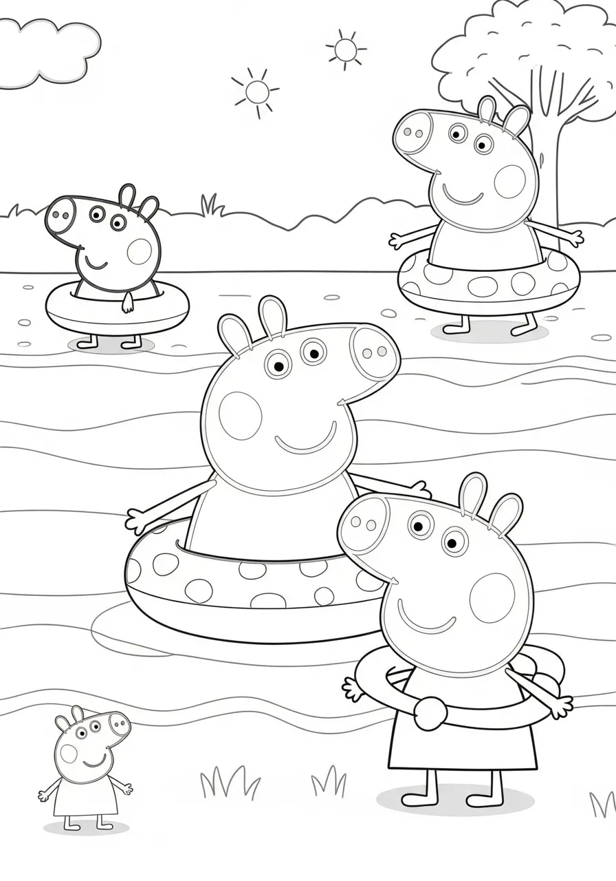 Desenho para colorir da Peppa Pig e família na piscina