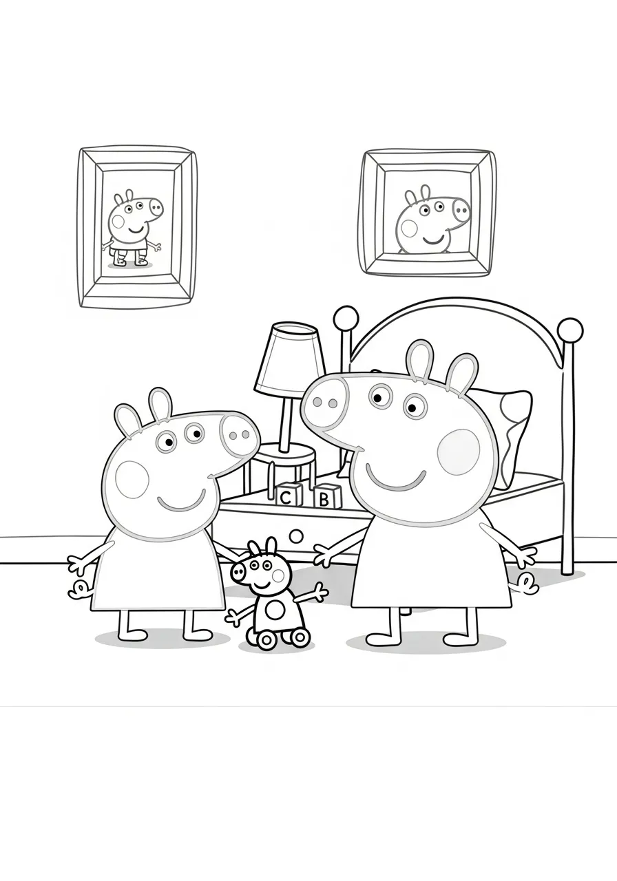 Desenho para colorir da Peppa Pig com a família no quarto