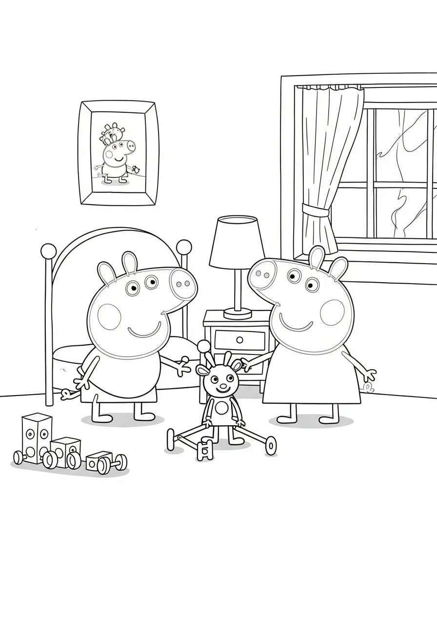 Desenho para colorir da Peppa Pig com a família no quarto