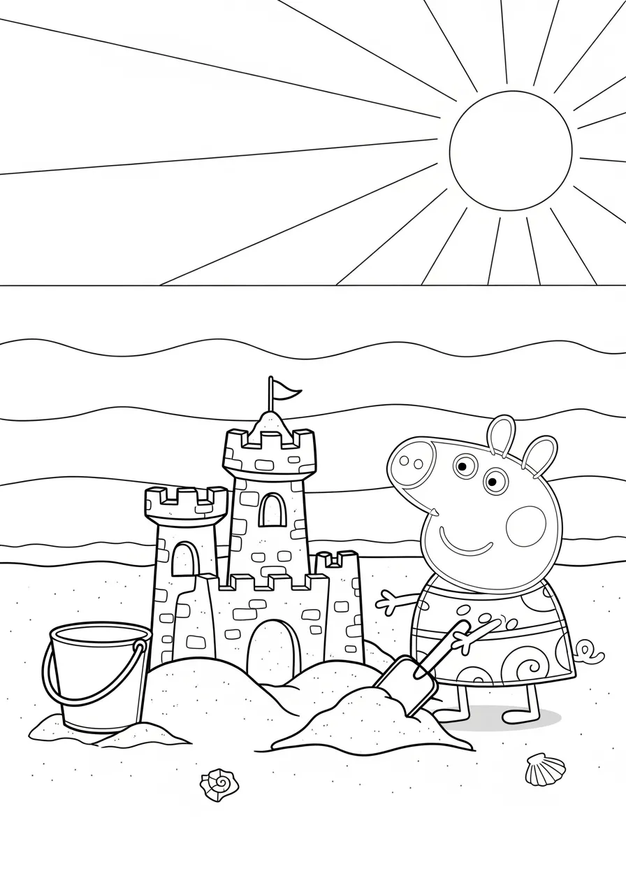 Peppa Pig construindo um castelo de areia na praia para colorir