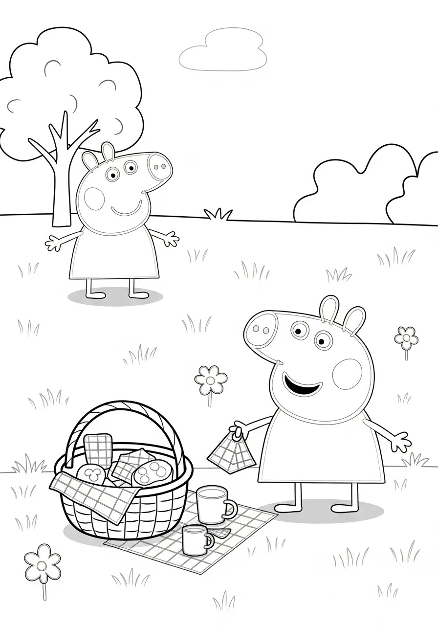 Desenho em preto e branco da Peppa Pig e sua família fazendo um piquenique no parque