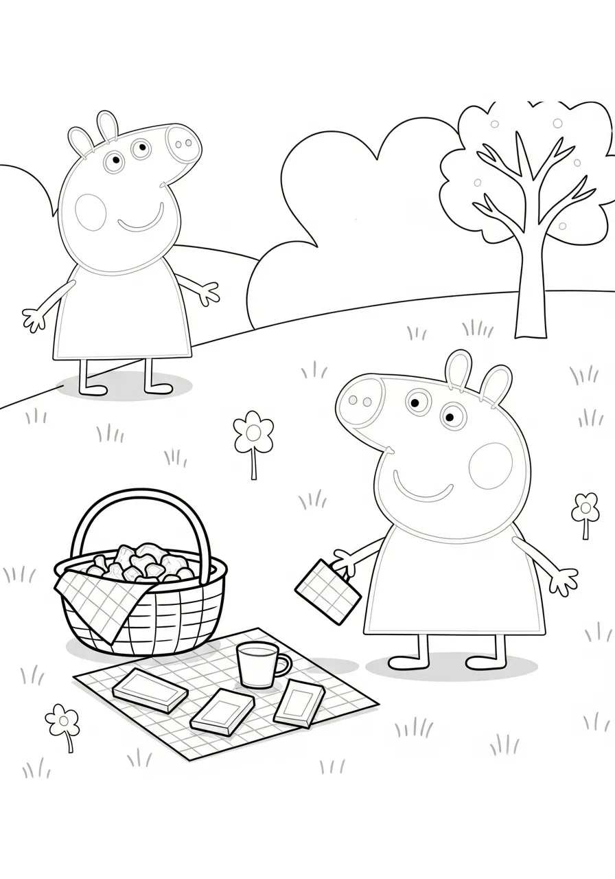 Imagem para colorir da Peppa Pig em um piquenique com cesta e flores ao redor