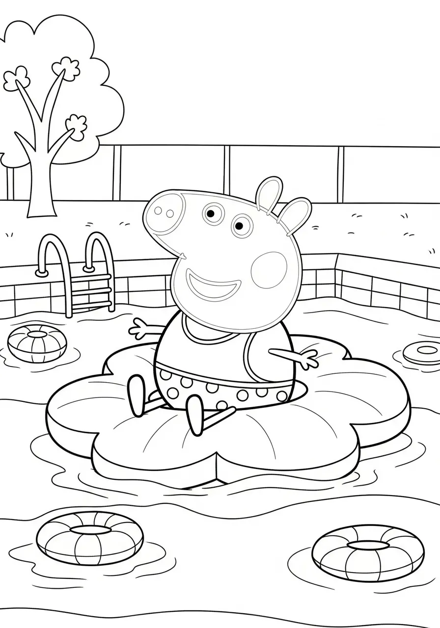 Peppa Pig sentada em uma boia na piscina, cercada por bóias salva-vidas