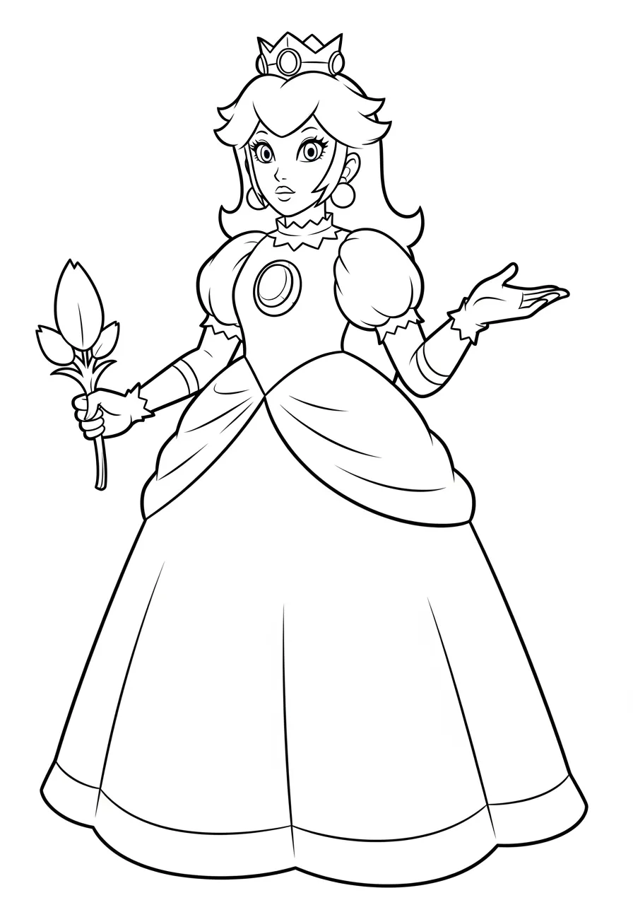 Imagem para colorir da Princesa Peach segurando uma flor