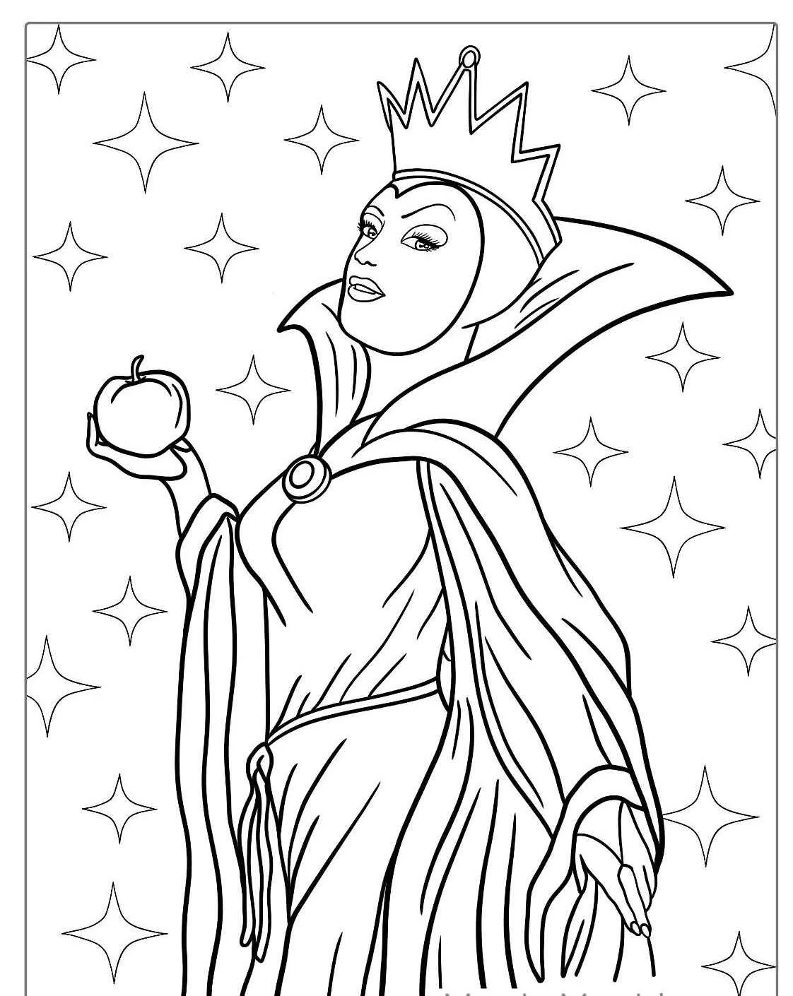 Imagem para colorir da Rainha Má segurando uma maçã