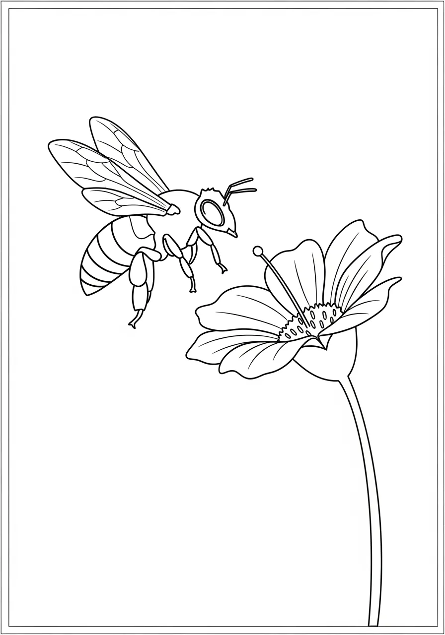 Desenho de uma abelha voando em direção a uma flor para colorir