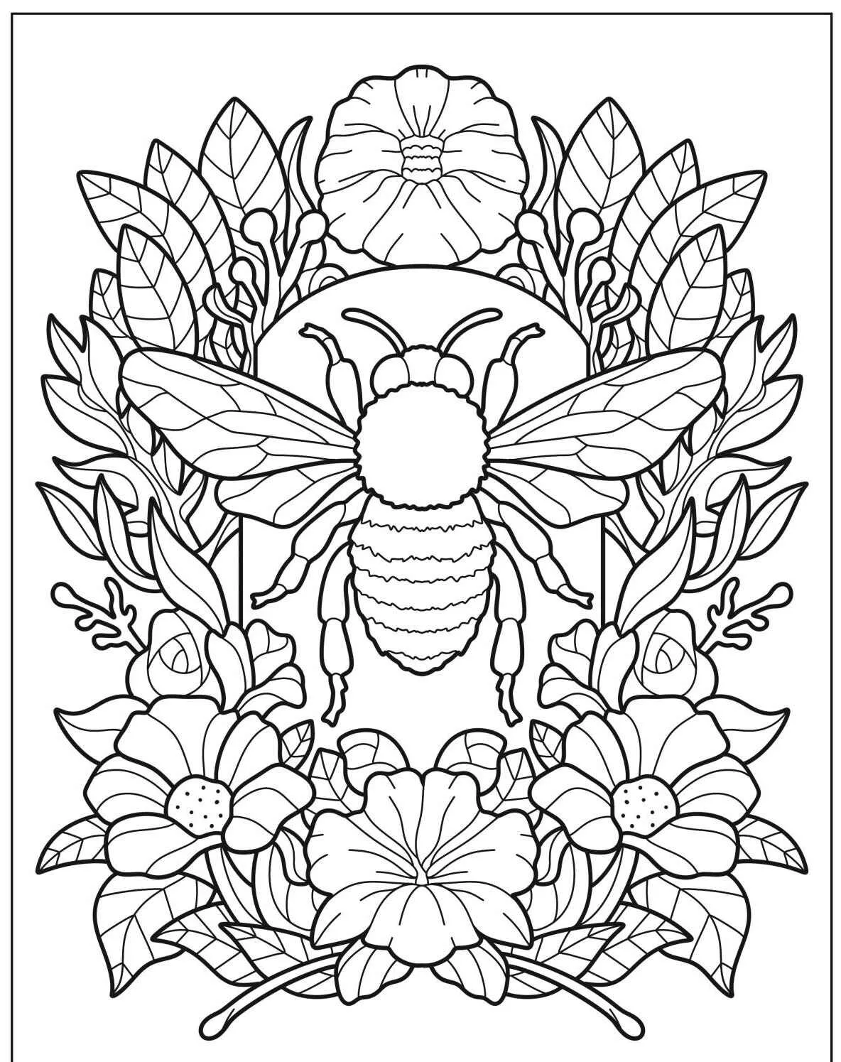 Imagem de uma abelha cercada por flores para colorir
