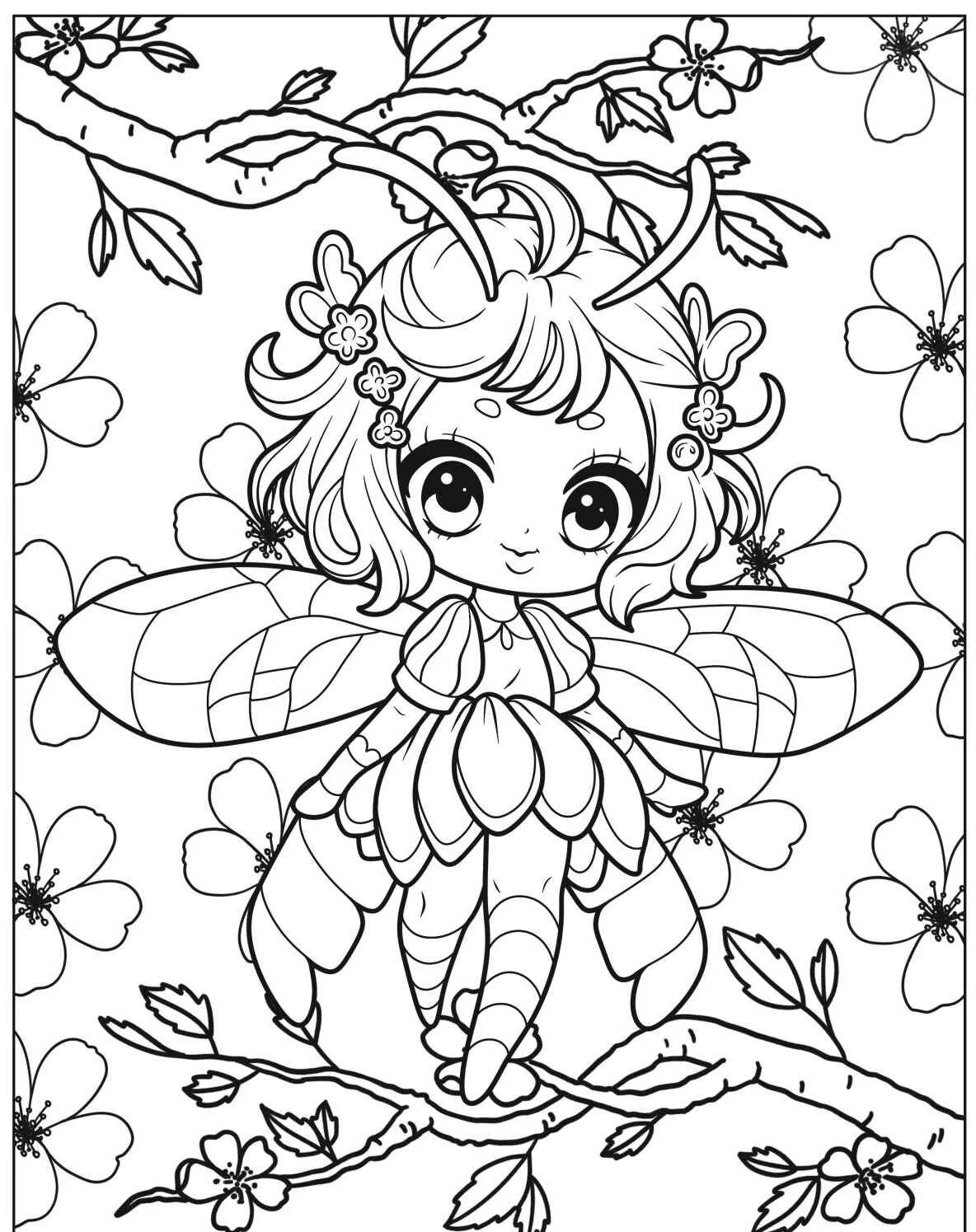 Desenho de uma abelha fada com asas grandes e flores ao redor para colorir