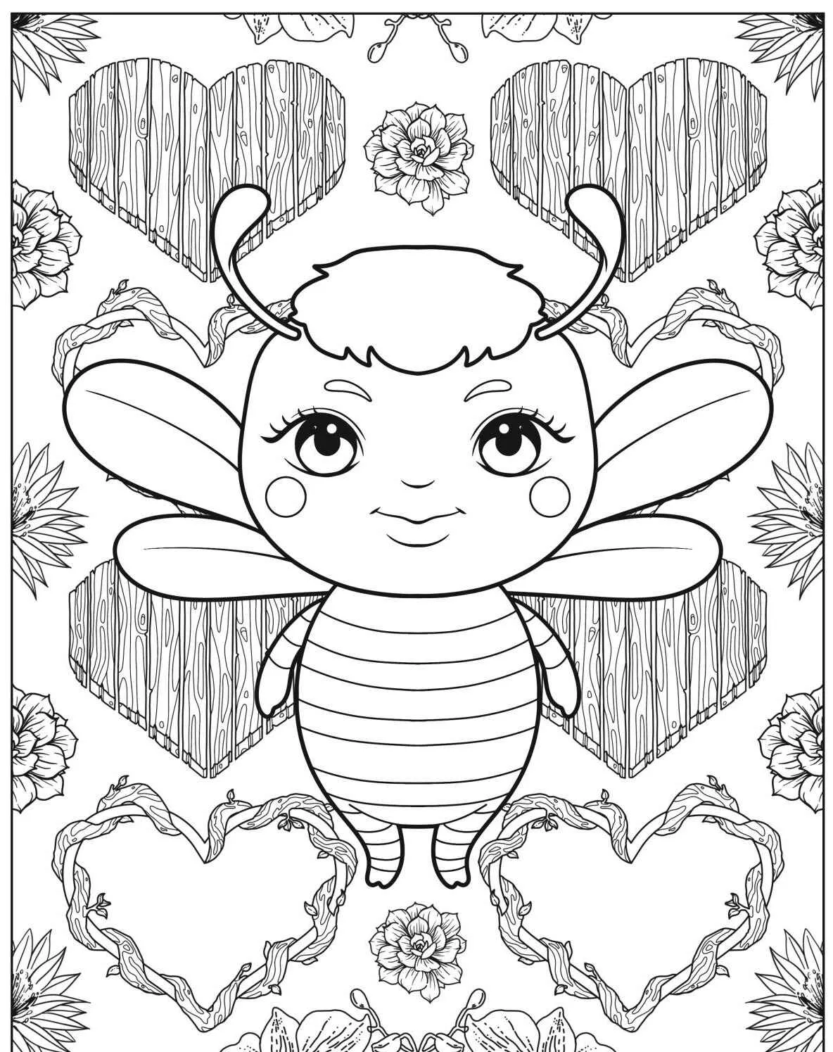 Imagem de uma abelha fofa cercada por corações e flores para colorir