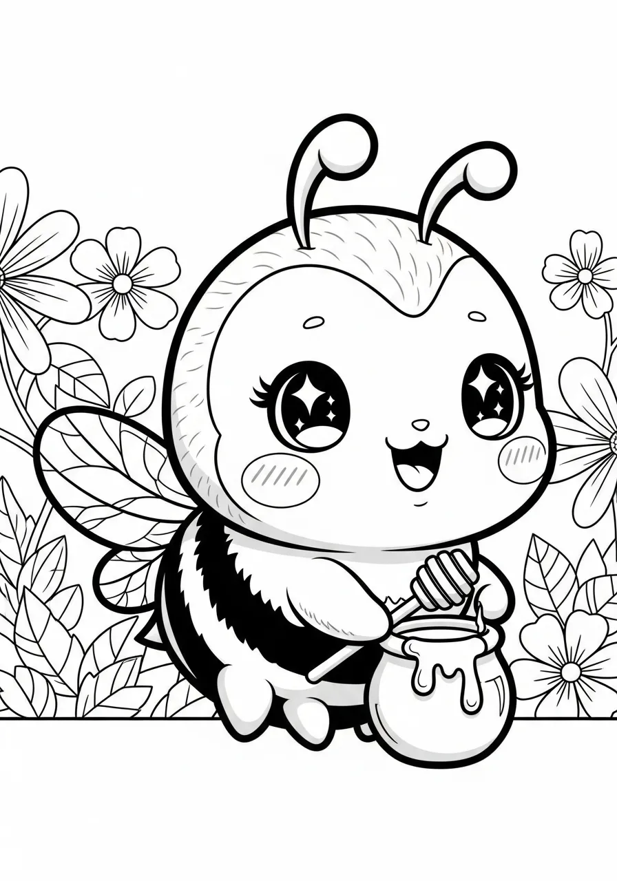 Desenho de abelha kawaii segurando um pote de mel, cercada por flores, para colorir