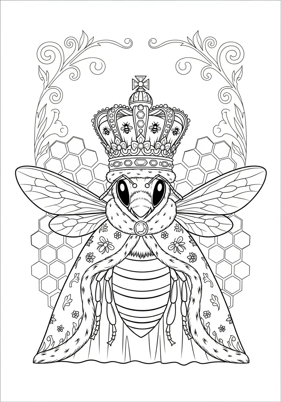 Desenho de uma abelha com coroa e capa real para colorir