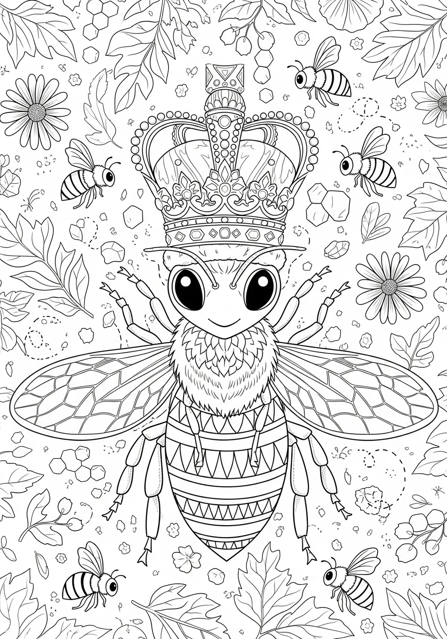 Desenho detalhado de uma abelha com coroa, cercada por flores e folhas, para colorir